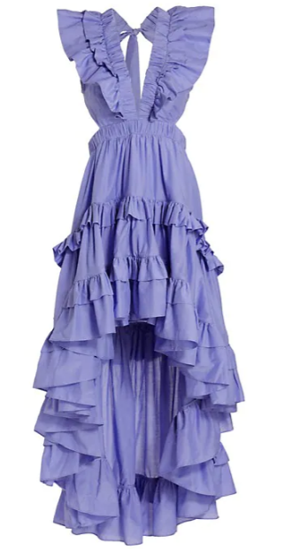 فستان سواريه أزرق مكشكش رائع متوسط الطول مفتوح من الركبة والصدر والظهر