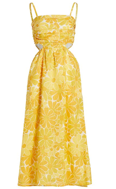 فستان أصفر طويل مميز بحمالات مزركش متوسط الطول